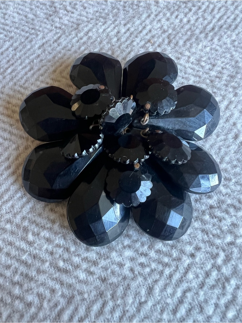 Vintage Mid Century Black Faceted Floral Statement Brooch - 1950s-1960s Plastic
